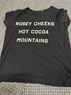 Women’s Black Short Sleeve Tee with 'Rosey Cheeks Hot Cocoa Mountains' Text